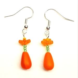 Orange And Green Beaded Flower Earrings